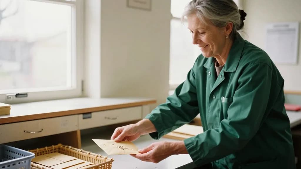 A white woman in her fifties with grey hair in a plait is handing a small paper envelope of seed across the work table to a young visitor, drawers open behin…