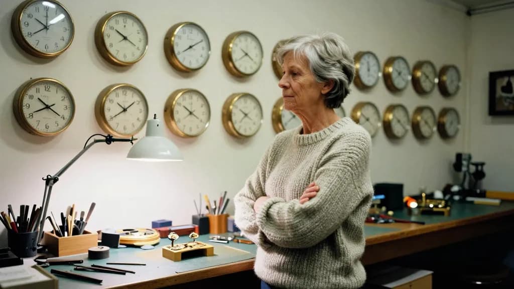 A white woman in her fifties with short grey hair is standing in a clock repairer's workshop surrounded by wall clocks all showing slightly different times,…