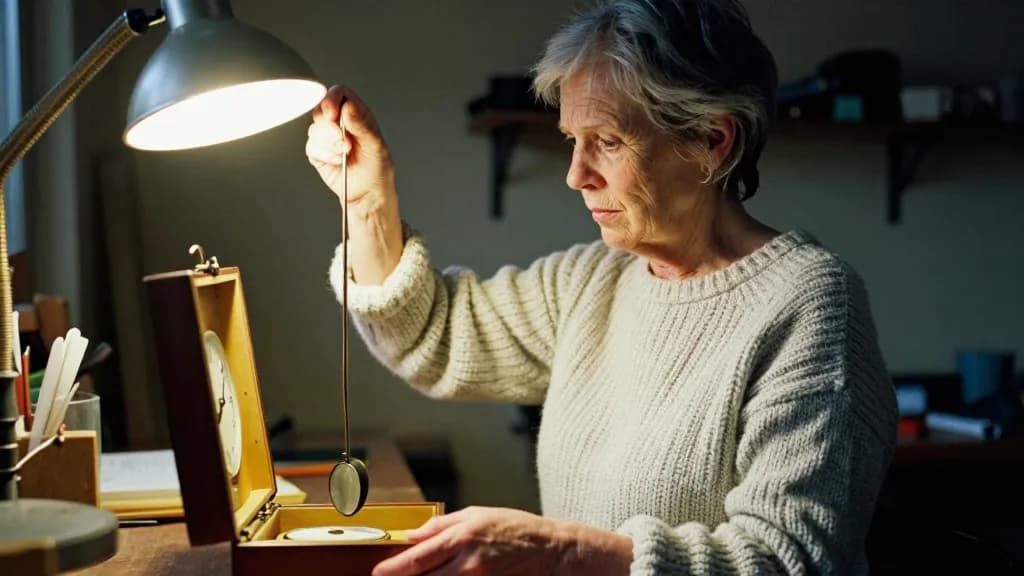 A white woman in her fifties with short grey hair is holding a long-case clock pendulum steady with one hand while looking at the movement, the case open in…