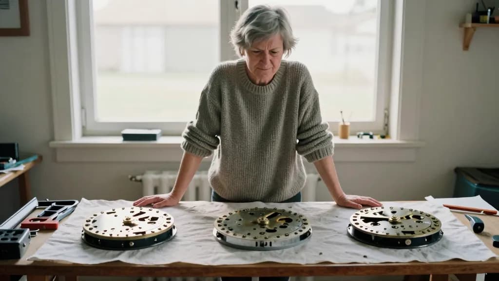 A white woman in her fifties with short grey hair is standing at a bench with three dismantled clock movements laid out in a row on cloth, tools ranked behin…