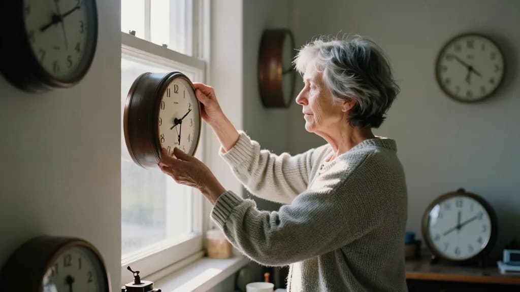 A white woman in her fifties with short grey hair is winding a single wall clock with a key, the other clocks silent around her and the workshop quiet, morni…
