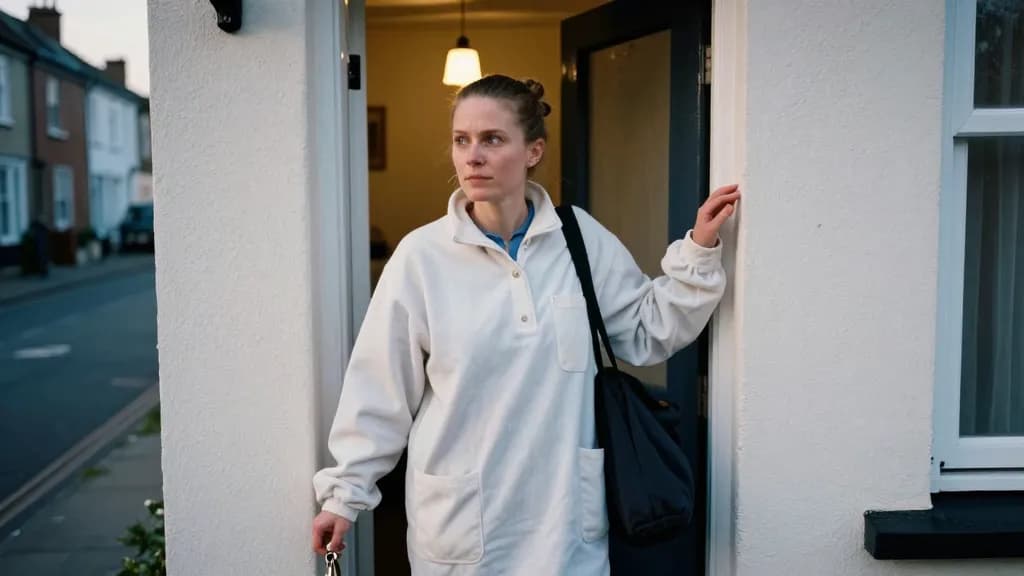 A white woman in her early thirties with hair scraped into a bun is standing on the doorstep of a small terraced house at dawn just home from a night shift,…