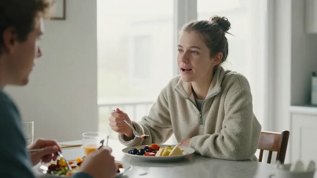 A white woman in her early thirties with hair scraped into a bun is sitting at a kitchen table eating dinner at eight in the morning with her partner eating…
