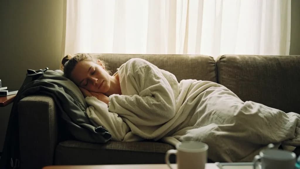 A white woman in her early thirties with hair scraped into a bun is asleep on a sofa in the middle of the day under a throw with the curtains drawn, a mug on…