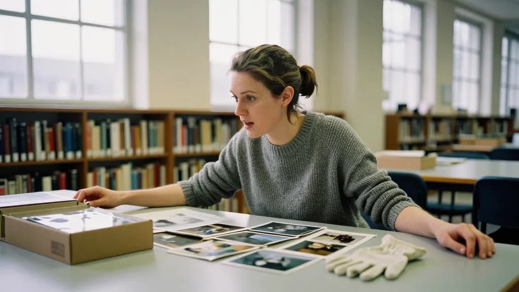 A white woman in her mid thirties with hair in a short practical ponytail is sitting at a long table in a county archive reading room, boxes of loose photogr…