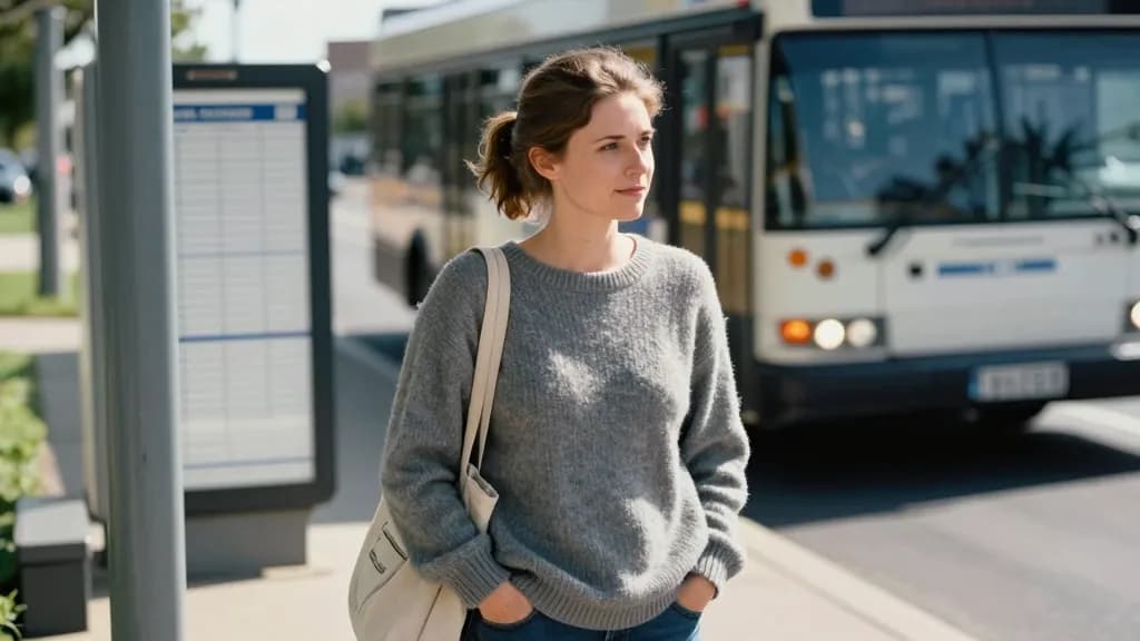 A white woman in her mid thirties with hair in a short practical ponytail is standing at a suburban bus stop watching a bus pull away from the kerb a few fee…