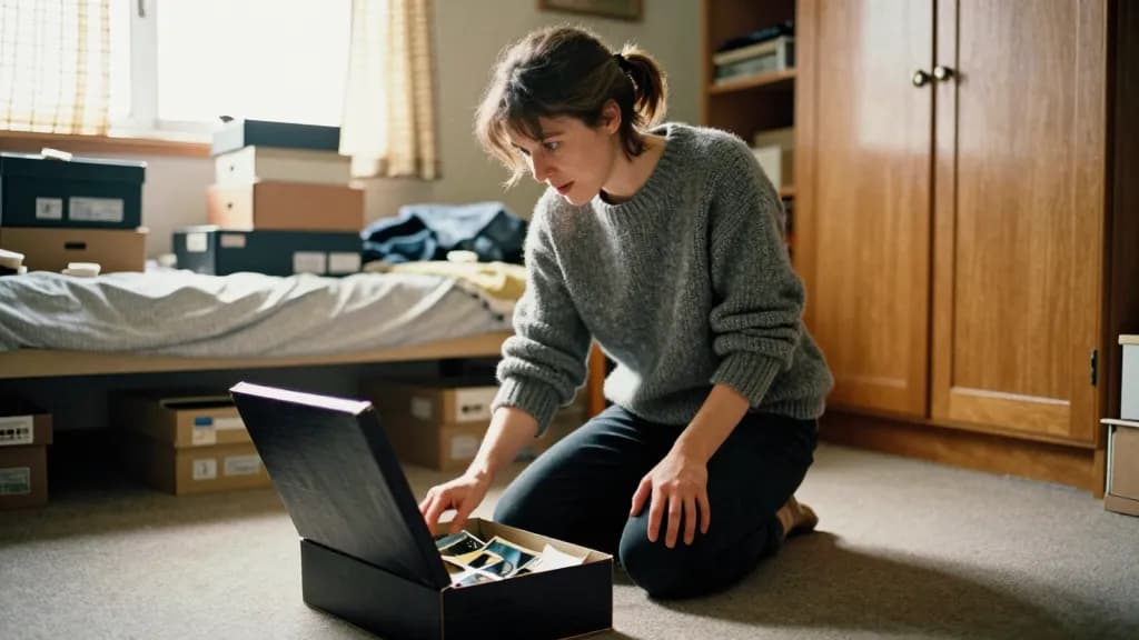 A white woman in her mid thirties with hair in a short practical ponytail is kneeling on the carpet of a relative's spare room with the lid off a shoebox of…