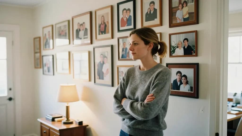A white woman in her mid thirties with hair in a short practical ponytail is standing in front of a hallway wall covered in framed family photographs spannin…
