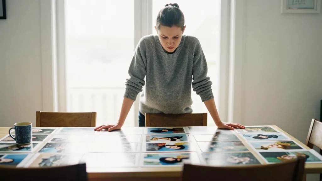 A white woman in her mid thirties with hair in a short practical ponytail is standing over a dining table she has covered end to end with photographs laid ou…