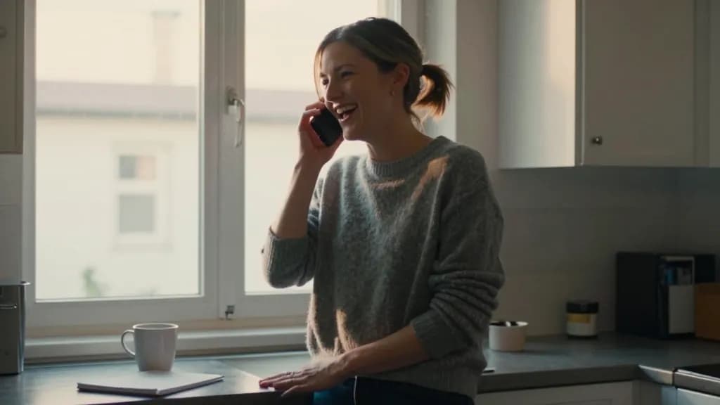 A white woman in her mid thirties with hair in a short practical ponytail is standing at a kitchen window on the phone in the early evening, a mug cooling on…