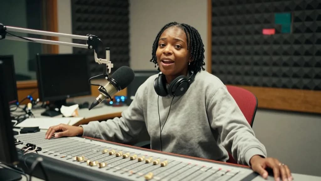 A Black woman in her late thirties with short twists is sitting at a cluttered radio studio desk behind a large microphone on a boom, faders and monitors in…