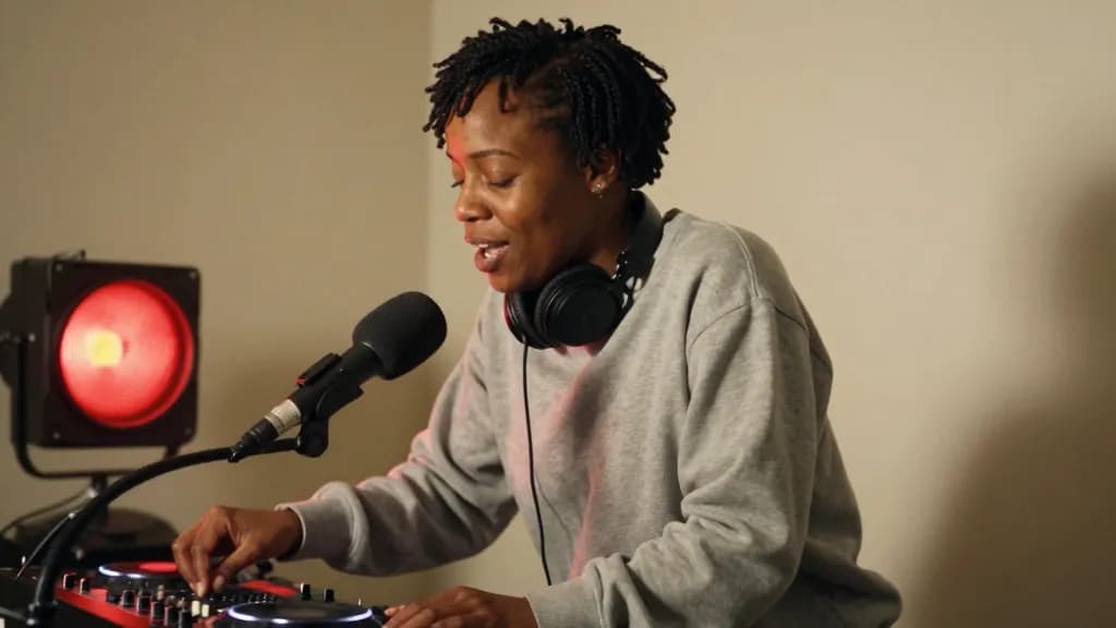 A Black woman in her late thirties with short twists is leaning into the microphone with the headphones on, one hand resting on a fader and the other flat on…