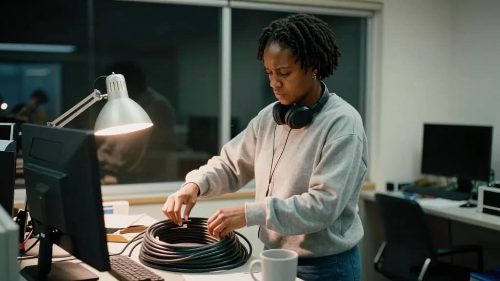 A Black woman in her late thirties with short twists is alone in the station office late at night sorting through equipment cases, cables coiled on a desk an…