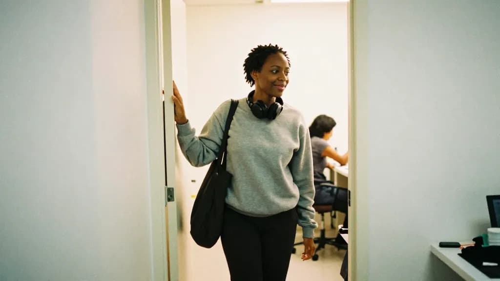 A Black woman in her late thirties with short twists is standing in the studio doorway at the end of a shift with her bag over one shoulder, the room lit beh…