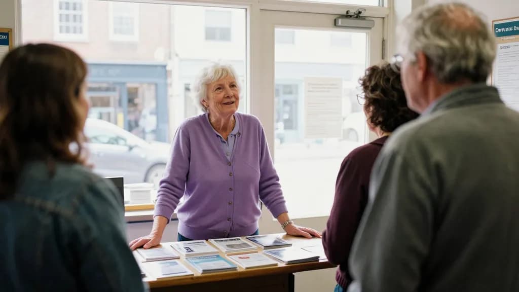 A white woman in her sixties with short white hair is standing behind the counter of a small community credit union in a converted shopfront, a queue of two…
