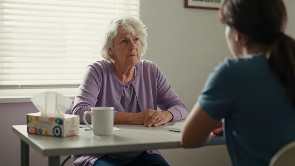 A white woman in her sixties with short white hair is sitting across a small desk from a woman in her thirties in a side room, a box of tissues and two mugs…