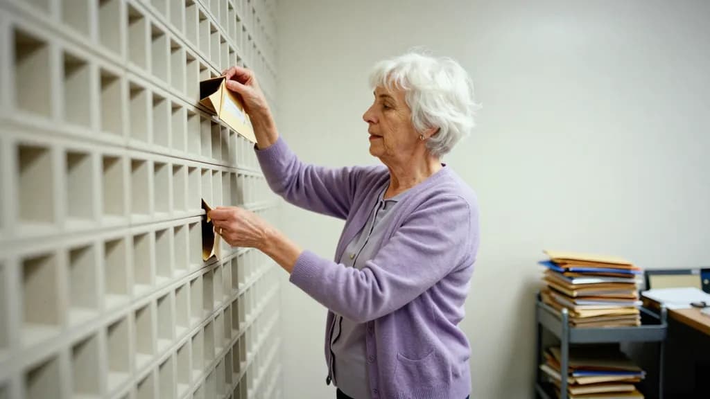 A white woman in her sixties with short white hair is standing at a wall of pigeonholes in the back office sorting envelopes into them, a trolley of files be…