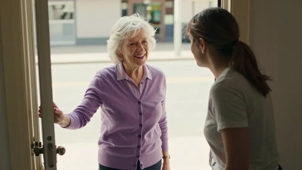 A white woman in her sixties with short white hair is standing at the door seeing the younger woman out, both of them on the step and the street bright behind