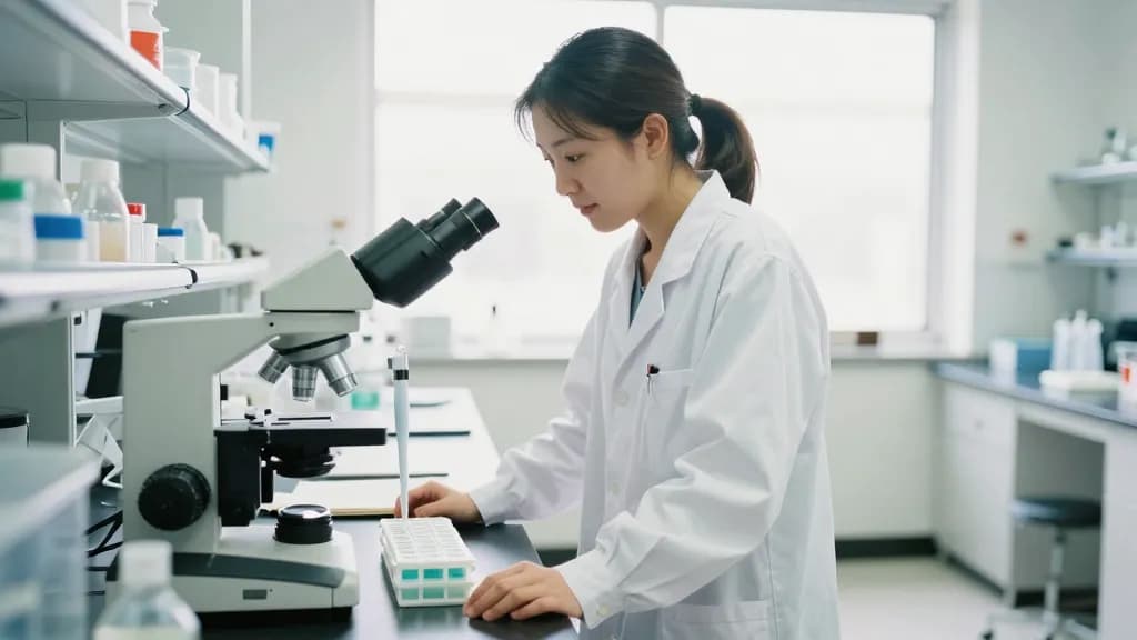 An East Asian woman in her late twenties with hair tied back is standing at a laboratory bench between a rack of sample trays and a large microscope, pipette…