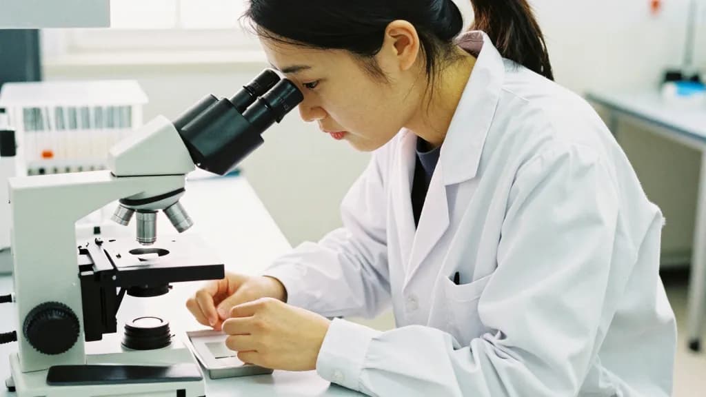 An East Asian woman in her late twenties with hair tied back is preparing a slide at the bench with both hands working over a tray, the microscope waiting be…