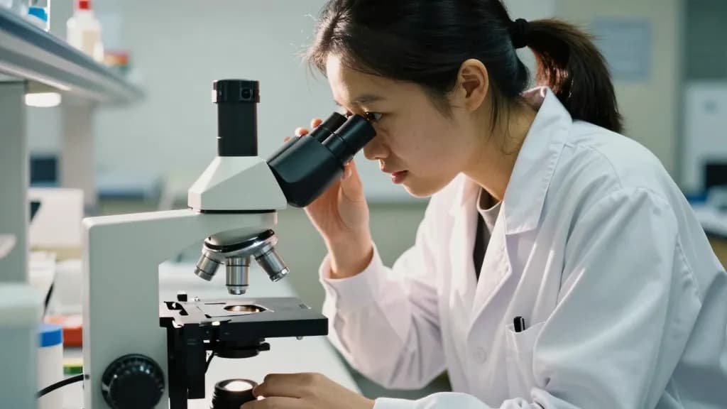 An East Asian woman in her late twenties with hair tied back is looking into the microscope eyepieces with both hands resting on the stage controls, the lab…