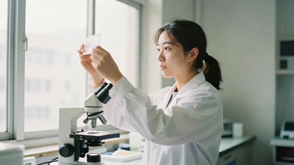 An East Asian woman in her late twenties with hair tied back is standing back from the bench holding a sample tray up to the window light in one hand with th…