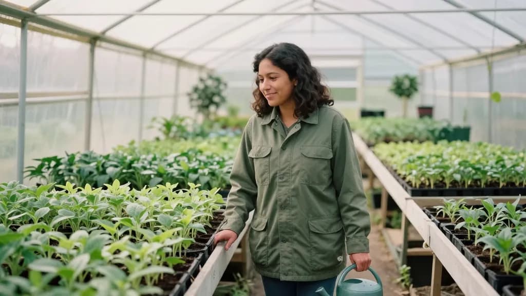 A Latina woman in her late twenties with dark curly hair is standing in a plant nursery polytunnel surrounded by healthy seedlings on staging benches, trays…