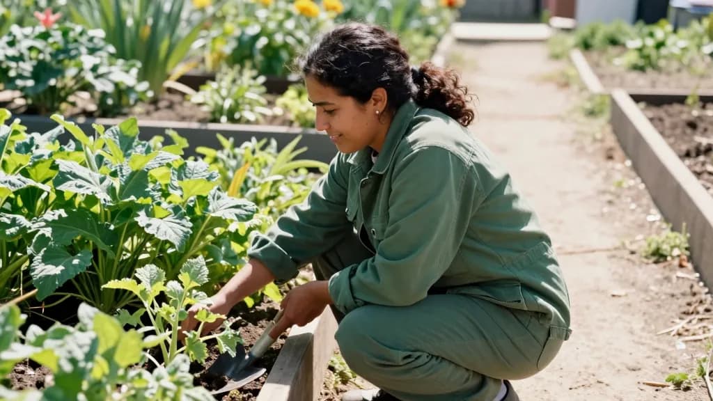 A Latina woman in her late twenties with dark curly hair is crouched beside a raised bed of thriving plants in full sun, a trug and a trowel on the path besi…
