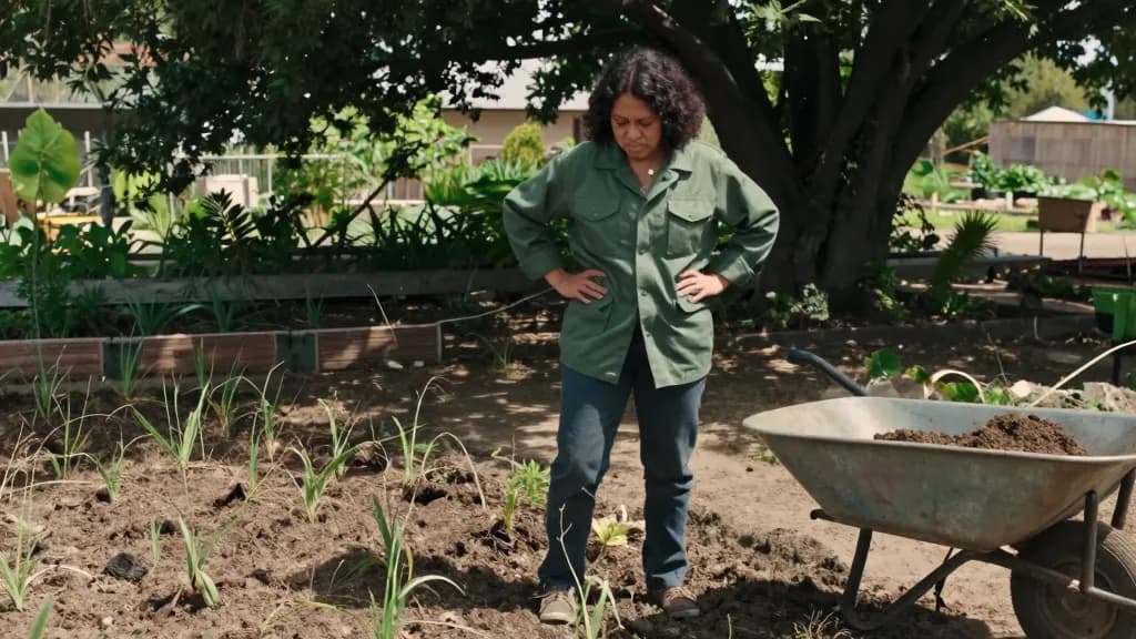 A Latina woman in her late twenties with dark curly hair is standing over a struggling patch in a shaded corner of the nursery, thin growth and bare soil, a…