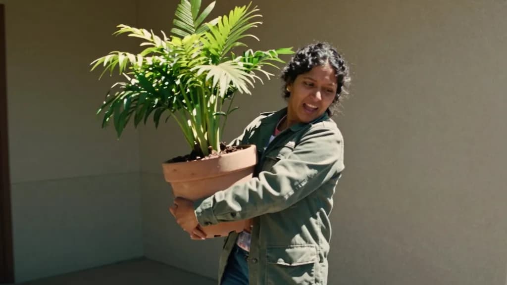 A Latina woman in her late twenties with dark curly hair is carrying a large potted plant out of the shaded corner into full sun, both arms wrapped around th…