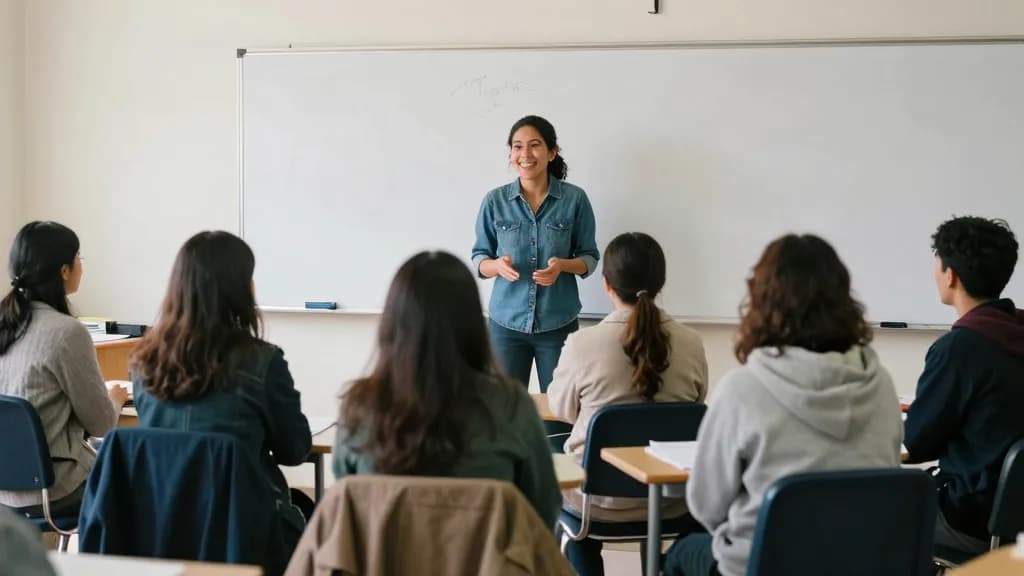 A Latina woman in her thirties with dark hair in a low ponytail is standing at the front of a community language class writing nothing on a bare board, a sem…