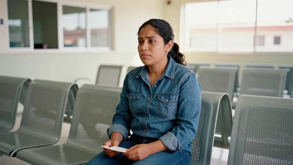 A Latina woman in her thirties with dark hair in a low ponytail is sitting in a municipal waiting room with a numbered ticket in one hand, rows of plastic ch…