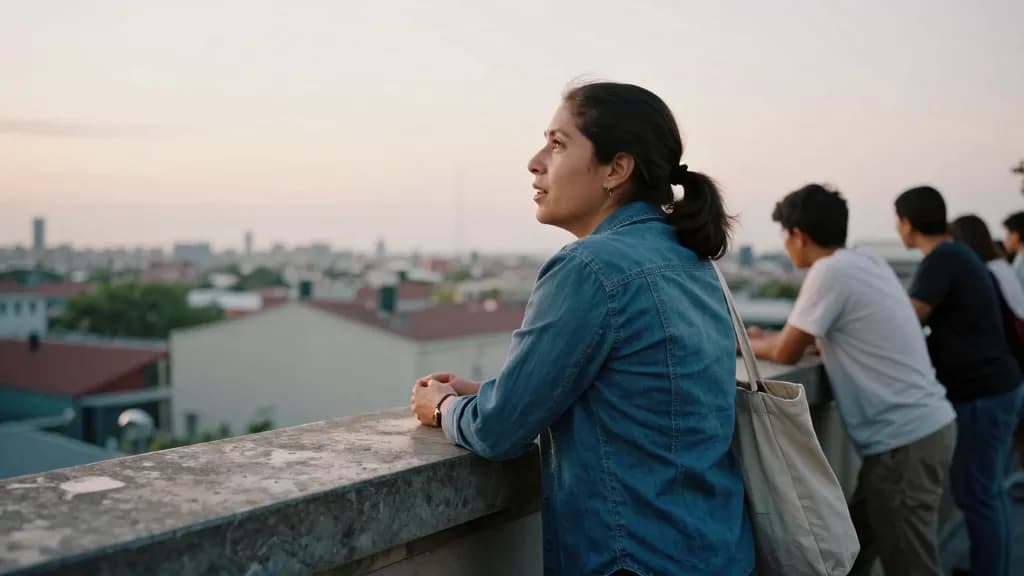 A Latina woman in her thirties with dark hair in a low ponytail is standing at a city viewpoint at dusk looking out over an unfamiliar skyline, a canvas bag…