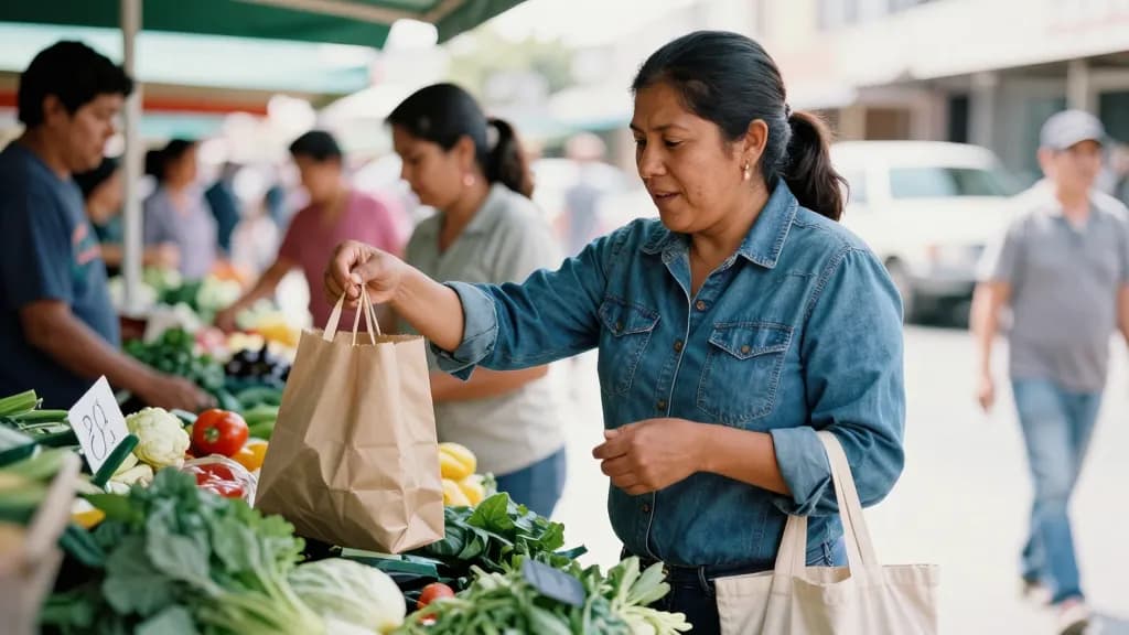 A Latina woman in her thirties with dark hair in a low ponytail is standing at a neighbourhood market stall buying vegetables, the stallholder handing her a…