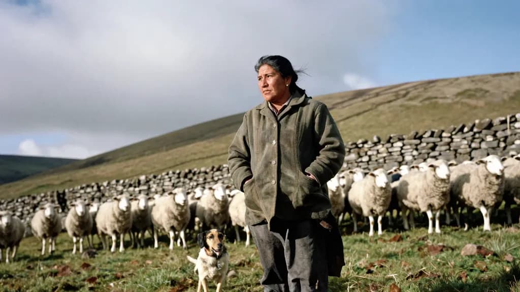 A Latina woman in her early fifties with weathered skin and hair tied back is standing on an open hillside with a flock of sheep spread across the slope belo…
