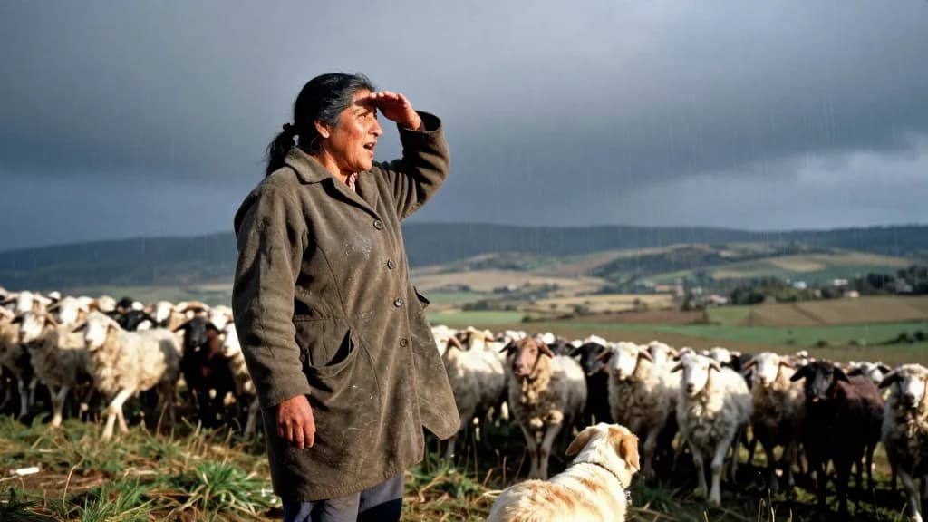 A Latina woman in her early fifties with weathered skin and hair tied back is standing at the top of the field watching rain sweep across the valley below wh…