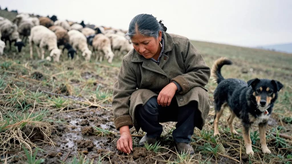 A Latina woman in her early fifties with weathered skin and hair tied back is crouched at a boggy patch at the bottom of the field checking the ground, the f…