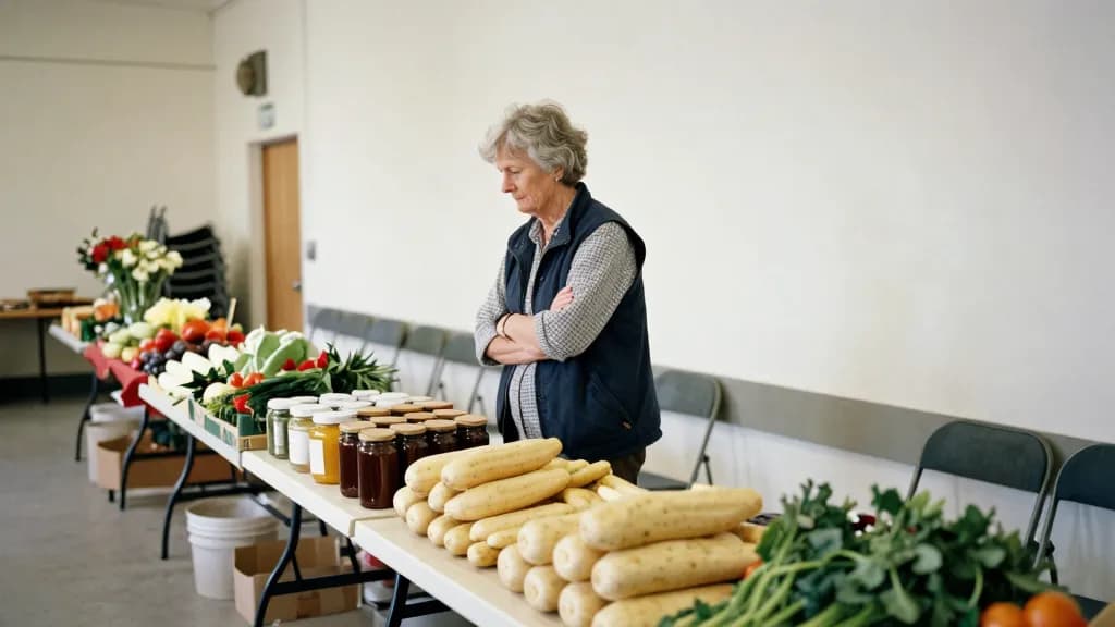 A white woman in her sixties with short grey hair is standing in a village hall lined with trestle tables of entered produce, marrows and jars and cut flower…