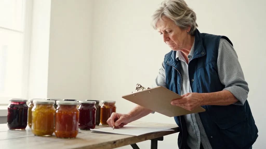 A white woman in her sixties with short grey hair is moving along a trestle table examining entries in turn, a clipboard held closed at her side and jars of…