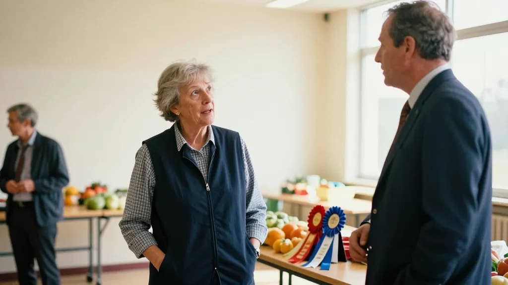 A white woman in her sixties with short grey hair is standing with two other judges at the end of the hall in discussion, tables of produce behind them and a…