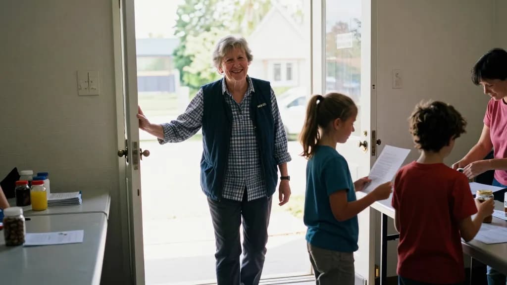 A white woman in her sixties with short grey hair is standing at the hall door as families come in to collect their entries, the tables now half empty and ch…