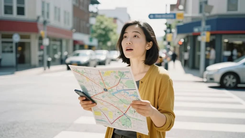 An East Asian woman in her early thirties with a dark bob is standing at a city crossroads holding a folded paper street map while a phone sits face down in…
