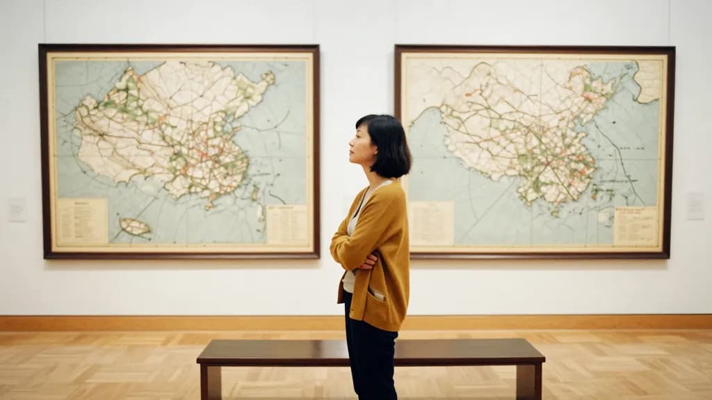 An East Asian woman in her early thirties with a dark bob is standing in a museum gallery in front of two large framed antique maps hung side by side, a low…