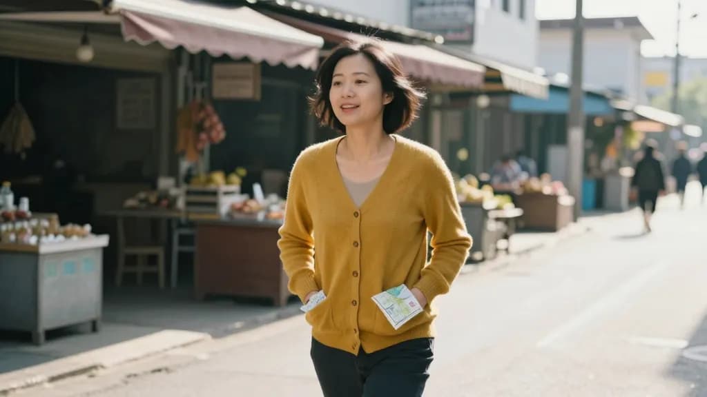 An East Asian woman in her early thirties with a dark bob is walking away down a side street with the map now folded into her cardigan pocket, having clearly…