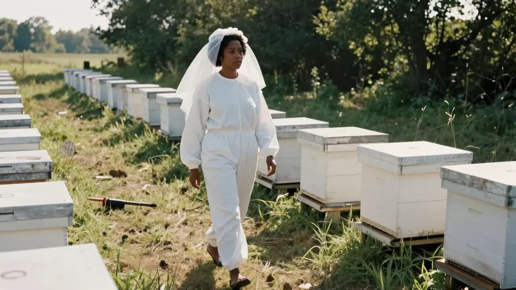 A Black woman in her early thirties with short twists is standing in an apiary among rows of identical white hive boxes in a rough meadow, a smoker set down…