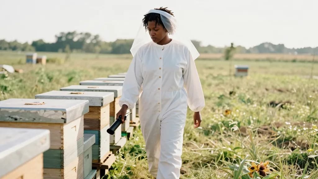 A Black woman in her early thirties with short twists is walking slowly along the row of hives with the smoker held low in one hand, checking each box as she…