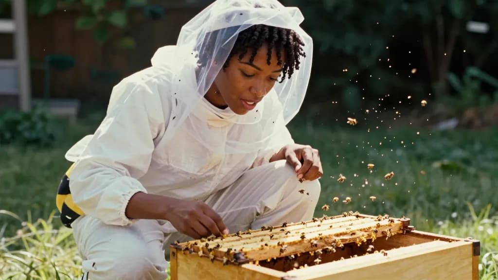 A Black woman in her early thirties with short twists is crouched at one particular hive with its lid lifted and set on the grass beside her, bees moving in…