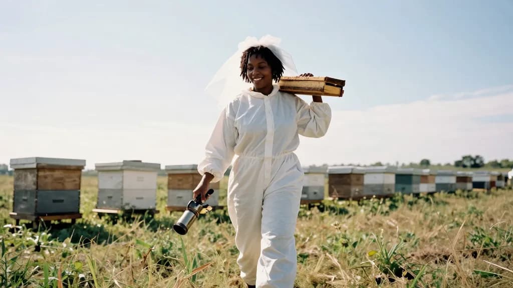 A Black woman in her early thirties with short twists is walking back across the meadow carrying the smoker and a frame under one arm, the row of hives behin…
