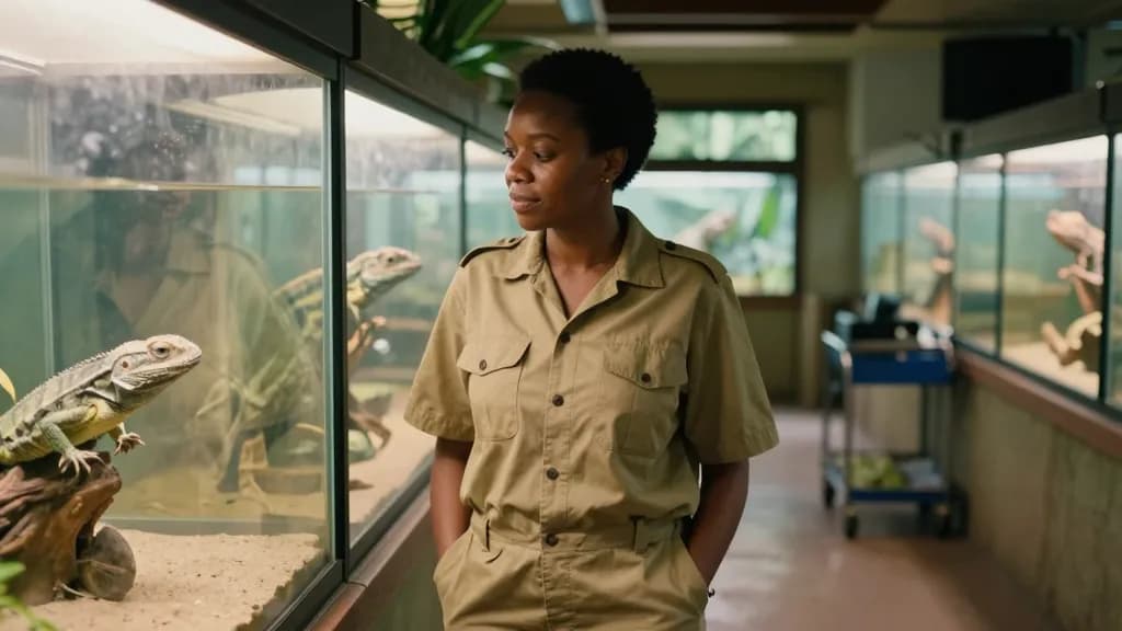 A Black woman in her thirties with short natural hair is standing in a reptile house corridor at a small zoo, lit glass enclosures running along one wall and…