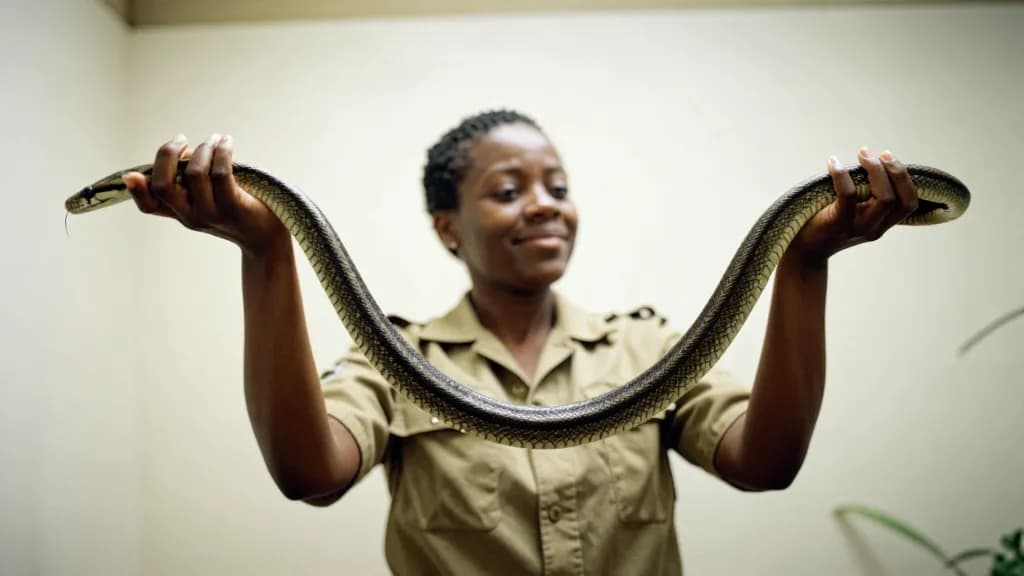 A Black woman in her thirties with short natural hair is holding a large harmless snake draped calmly across both forearms in the keeper's area, its head awa…